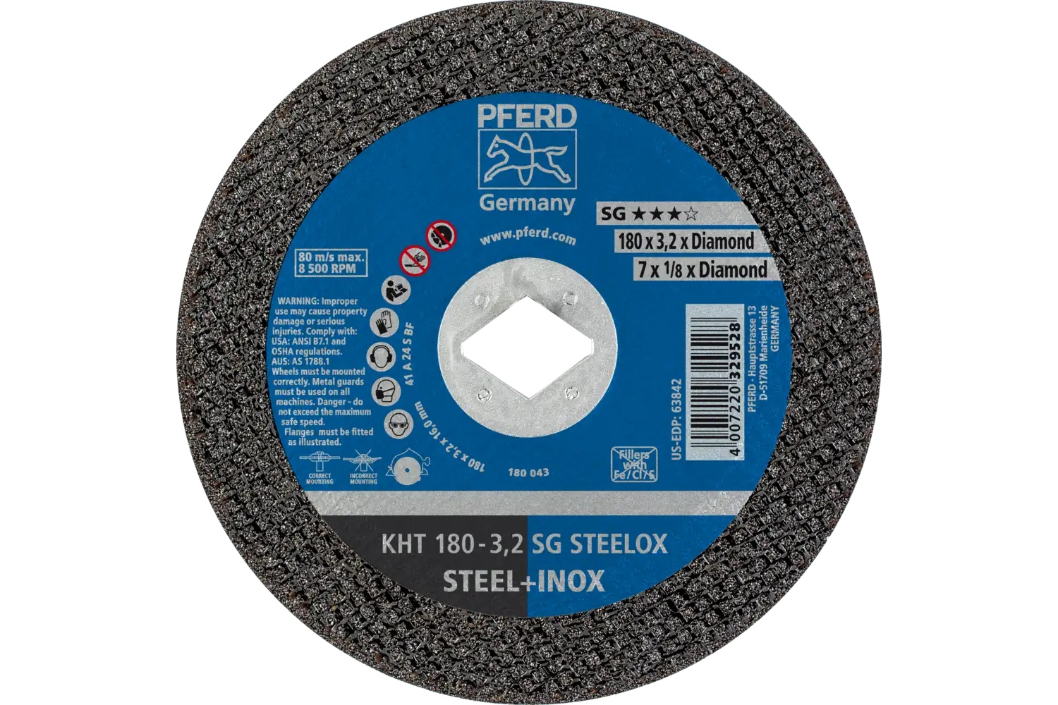 Picture of Pferd Cut-Off Wheel, 7" X 1/8, Diamond Bore 5/8"-1/2, Sg Steelox, T1, Aluminum Oxide